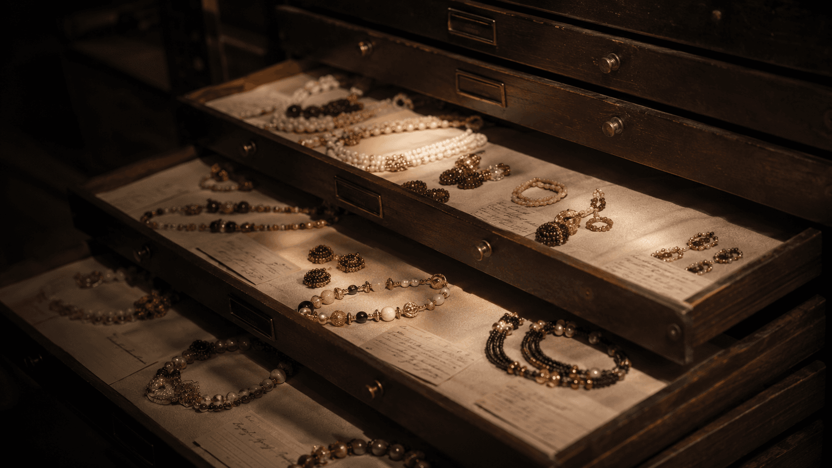 The archive — drawers of documented, claimed pieces