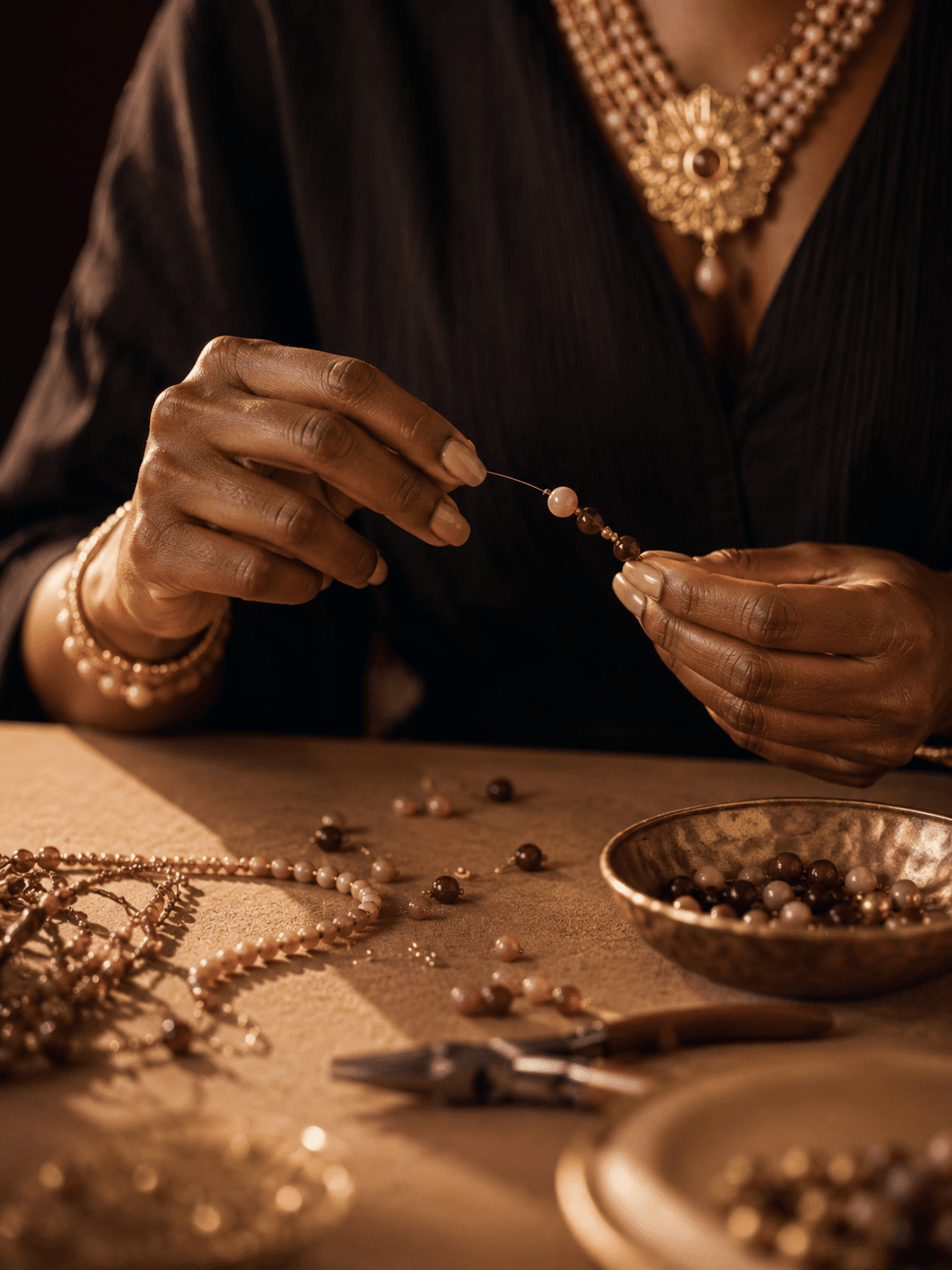 Hands at the bench — beadwork in progress