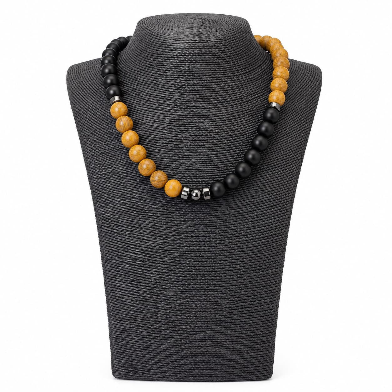 MATTE ONYX & WOOD BEAD NECKLACE